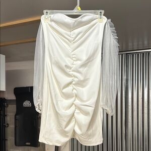 Elegant White Ruched Dress with Sheer Sleeves